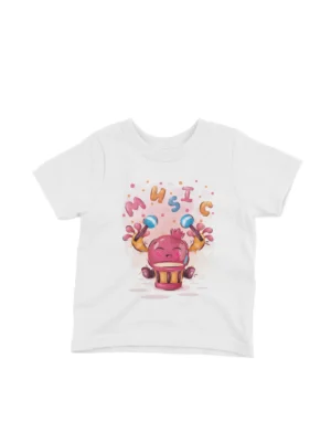 Pomegranate Jam Session Tee by Apparel by Cetakshop. White kids' t-shirt showcasing a pomegranate character playing the drums, a musical motif.