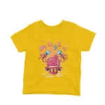 Yellow kids' t-shirt showcasing a pomegranate character playing the drums, a musical motif by Apparel by Cetakshop.