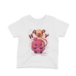 Pomegranate Celebration Tee by Apparel by Cetakshop. Cheerful White t-shirt for kids featuring a joyous pomegranate character, an Apparel by Cetakshop original.