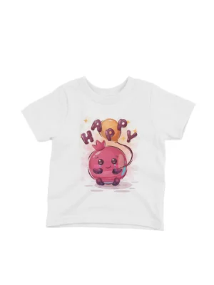 Pomegranate Celebration Tee by Apparel by Cetakshop. Cheerful White t-shirt for kids featuring a joyous pomegranate character, an Apparel by Cetakshop original.