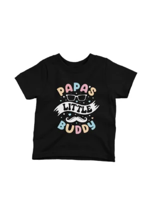 Papa's Little Buddy Tee by Apparel by Cetakshop. Kids' Black t-shirt with Papa's Little Buddy and mustache design, for heartwarming father-son outfits.