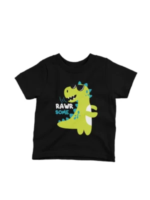 Dinosaur with Sunglasses Tee by Apparel by Cetakshop. Trendy Cool Dinosaur with Sunglasses on a kids' Black t-shirt from Apparel by Cetakshop, for the little ones with big personalities.