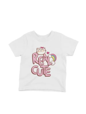 Cat and Rainbow Tee by Apparel by Cetakshop. Kids' White t-shirt featuring a Real Cute Cat and Rainbow, adding a touch of magic to everyday wear.