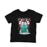 A friendly monster cartoon design on a kids Black t-shirt by Apparel by Cetakshop, perfect for daily wear and imaginative play.