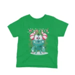 A friendly monster cartoon design on a kids Irish Green t-shirt by Apparel by Cetakshop, perfect for daily wear and imaginative play.