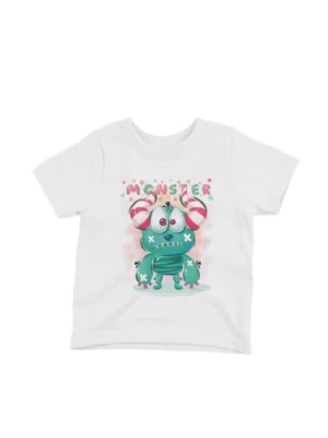 Monster Cartoon Tee by Apparel by Cetakshop. A friendly monster cartoon design on a kids White t-shirt, perfect for daily wear and imaginative play.