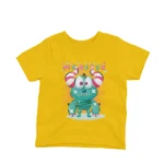 A friendly monster cartoon design on a kids Yellow t-shirt by Apparel by Cetakshop, perfect for daily wear and imaginative play.