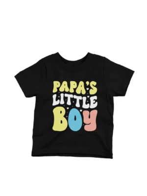 Papa's Little Boy Colorful Tee by Apparel by Cetakshop. Papa's Little Boy written in vibrant colors on a kids' Black t-shirt, celebrating the joy of fatherhood.