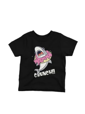 Shark Crunch Tee by Apparel by Cetakshop. Kids' Black t-shirt with a fierce Shark Crunch design, ideal for adventurous sea-lover kiddos.