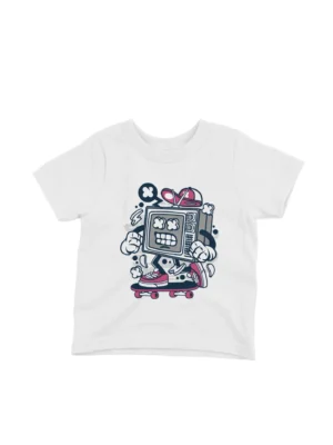 Boombox Robot Tee by Apparel by Cetakshop. Boombox Robot graphic on a kids' White t-shirt from Apparel by Cetakshop, blending retro vibes with modern style.