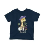 Giraffe sporting sunglasses on a kids' Navy t-shirt by Apparel by Cetakshop, capturing the essence of beach fun.