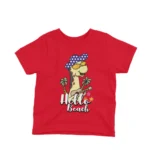 Giraffe sporting sunglasses on a kids' Red t-shirt by Apparel by Cetakshop, capturing the essence of beach fun.