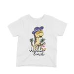 Hello Beach Giraffe Tee by Apparel by Cetakshop. Giraffe sporting sunglasses on a kids' White t-shirt, capturing the essence of beach fun.