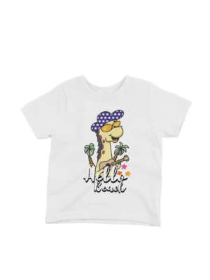 Hello Beach Giraffe Tee by Apparel by Cetakshop. Giraffe sporting sunglasses on a kids' White t-shirt, capturing the essence of beach fun.