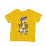 Giraffe sporting sunglasses on a kids' Yellow t-shirt by Apparel by Cetakshop, capturing the essence of beach fun.