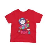 Kids' Red t-shirt featuring a Cute Pilot in an airplane by Apparel by Cetakshop, ideal for little adventurers.