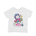 Cute Pilot Tee by Apparel by Cetakshop. Kids' White t-shirt featuring a Cute Pilot in an airplane, ideal for little adventurers.