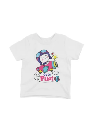 Cute Pilot Tee by Apparel by Cetakshop. Kids' White t-shirt featuring a Cute Pilot in an airplane, ideal for little adventurers.