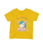 Kids' Yellow t-shirt with a Magical Unicorn design from Apparel by Cetakshop, enchanting and playful for daily wear.