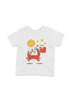 Playful Dino Tee by Apparel by Cetakshop. Kids t-shirt with 'dinosaur, stars, and moon graphic' on white fabric.