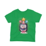 A cartoon penguin with a camera on a kids Irish Green t-shirt by Apparel by Cetakshop, capturing the essence of childhood joy.