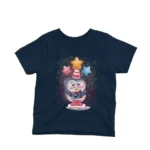 A cartoon penguin with a camera on a kids Navy t-shirt by Apparel by Cetakshop, capturing the essence of childhood joy.