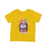 A cartoon penguin with a camera on a kids Yellow t-shirt by Apparel by Cetakshop, capturing the essence of childhood joy.