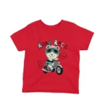 Cool Road Race Bear on a motorcycle on a kids' Red t-shirt by Apparel by Cetakshop, for the little rebels with a cause.