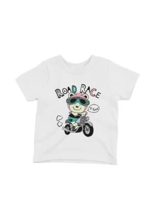 Road Racer Teddy Tee by Apparel by Cetakshop. Cool Road Race Bear on a motorcycle on a kids' White t-shirt, for the little rebels with a cause.