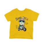 Cool Road Race Bear on a motorcycle on a kids' Yellow t-shirt by Apparel by Cetakshop, for the little rebels with a cause.