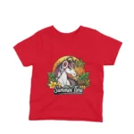 Kids' Red t-shirt featuring a Summer Time Unicorn by Apparel by Cetakshop, infused with vibrant colors and joyful designs.