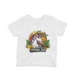 Summer Time Unicorn Tee by Apparel by Cetakshop. Kids' White t-shirt featuring a Summer Time Unicorn, infused with vibrant colors and joyful designs.