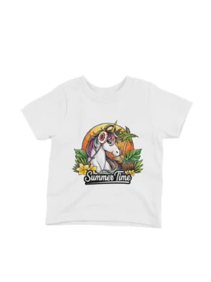 Summer Time Unicorn Tee by Apparel by Cetakshop. Kids' White t-shirt featuring a Summer Time Unicorn, infused with vibrant colors and joyful designs.