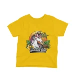 Kids' Yellow t-shirt featuring a Summer Time Unicorn by Apparel by Cetakshop, infused with vibrant colors and joyful designs.