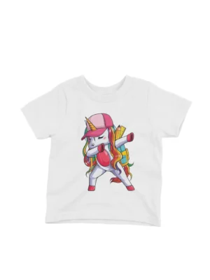 Dab Unicorn Tee by Apparel by Cetakshop. Hipster Unicorn with headphones graphic on a kids' White t-shirt, for a cool and modern look.