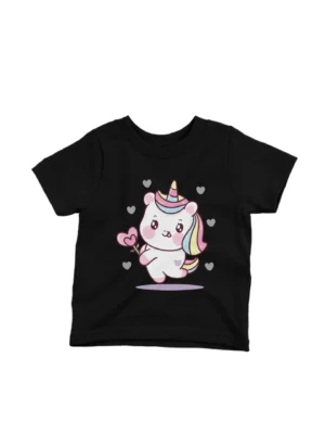 Love Hearts Unicorn Tee by Apparel by Cetakshop. Love Hearts Unicorn design on a kids' Black t-shirt from Apparel by Cetakshop, filled with sweetness and charm.