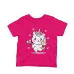 Love Hearts Unicorn design on a kids' Fucshia t-shirt from Apparel by Cetakshop, filled with sweetness and charm.