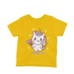 Love Hearts Unicorn design on a kids' Yellow t-shirt from Apparel by Cetakshop, filled with sweetness and charm.