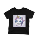 Kids' Black t-shirt with a Cute Unicorn Square design by Apparel by Cetakshop, perfect for young dreamers.