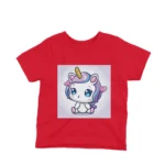 Kids' Red t-shirt with a Cute Unicorn Square design by Apparel by Cetakshop, perfect for young dreamers.