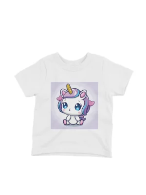 Cute Unicorn Tee by Apparel by Cetakshop. Kids' White t-shirt with a Cute Unicorn Square design, perfect for young dreamers.