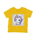 Kids' Yellow t-shirt with a Cute Unicorn Square design by Apparel by Cetakshop, perfect for young dreamers.