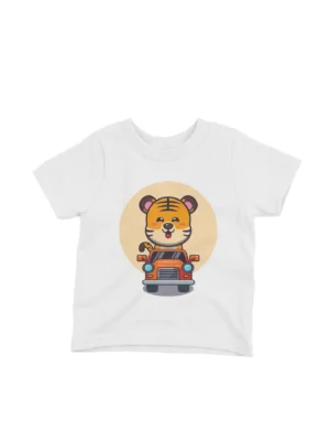 Driving Tiger Tee by Apparel by Cetakshop. Driving Tiger cartoon on a kids' White t-shirt, for little ones ready for adventure.