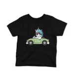 Kids' Black t-shirt with a stylish Driving Unicorn design by Apparel by Cetakshop, for the young dreamers.