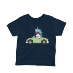 Kids' Navy t-shirt with a stylish Driving Unicorn design by Apparel by Cetakshop, for the young dreamers.