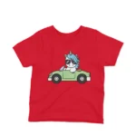 Kids' Red t-shirt with a stylish Driving Unicorn design by Apparel by Cetakshop, for the young dreamers.