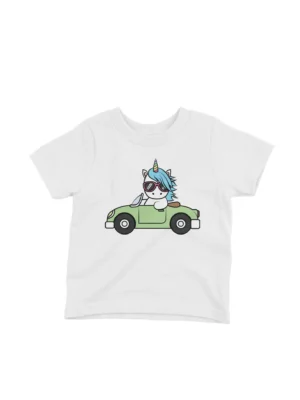 Driving Unicorn Tee by Apparel by Cetakshop. Kids' White t-shirt with a stylish Driving Unicorn design, for the young dreamers.