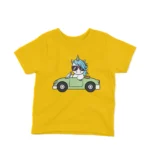 Kids' Yellow t-shirt with a stylish Driving Unicorn design by Apparel by Cetakshop, for the young dreamers.