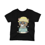 Explorer Bear adorning a kids' Black t-shirt by Apparel by Cetakshop, inspiring adventure and discovery.