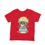 Explorer Bear adorning a kids' Red t-shirt by Apparel by Cetakshop, inspiring adventure and discovery.